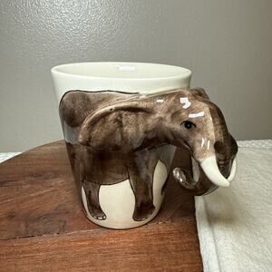 Vtg World Market Elephant Handle Mug Hand Painted Stoneware Thailand Safari Cup